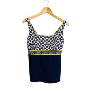 Lands End Tankini Top Square Neck Underwire Removable Pads Navy Blue Yellow 10
